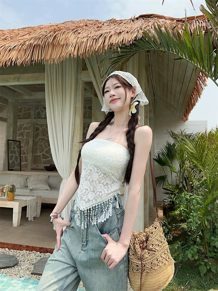Lacey Tube Top (White, Beige)