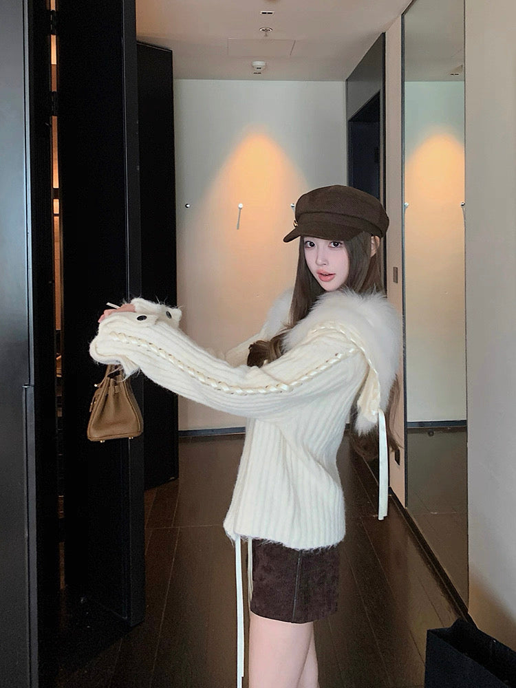 Cream Knitted Tie Sleeve Cardigan