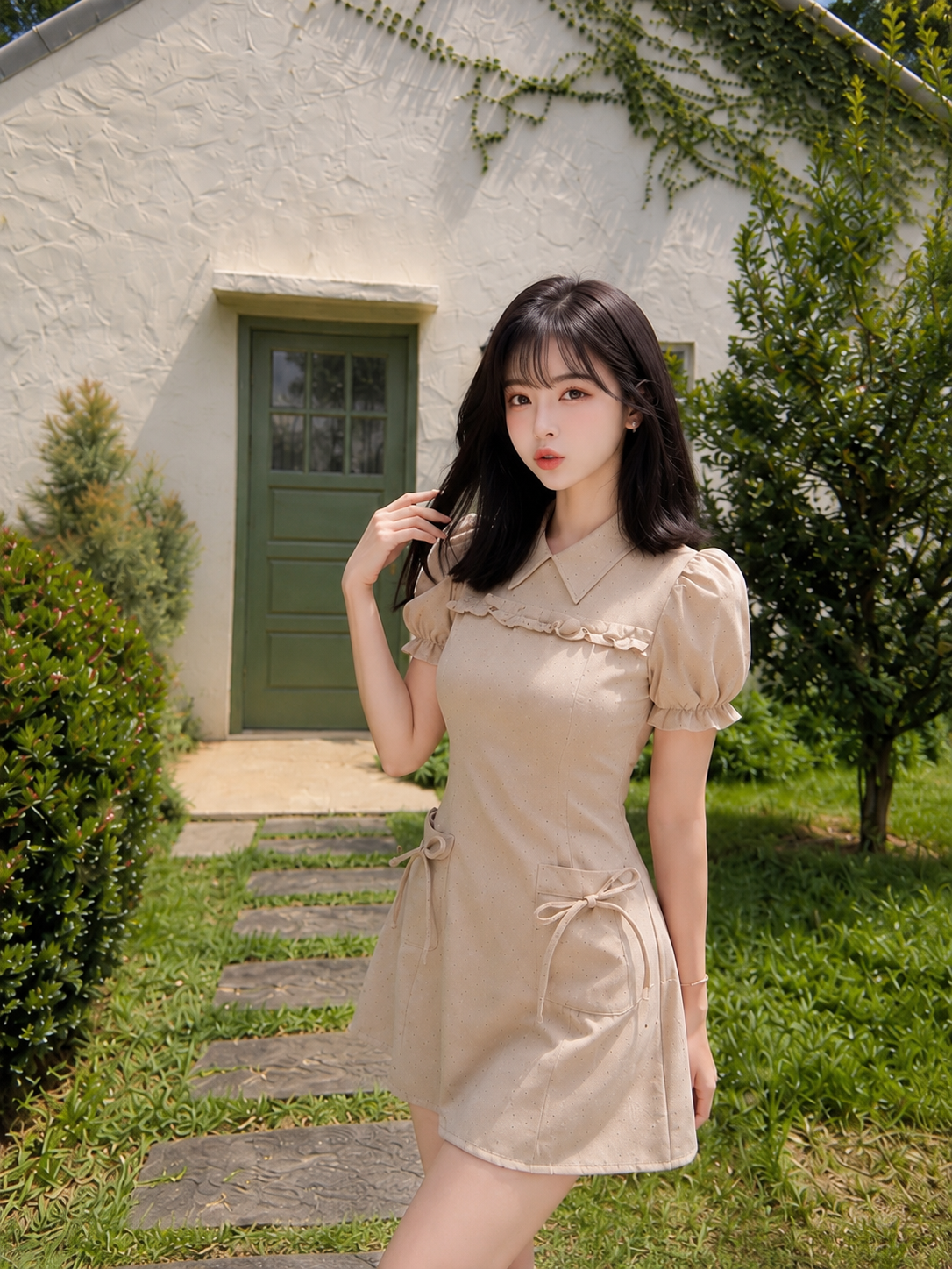 Khaki Puff Sleeve Mini Dot Dress