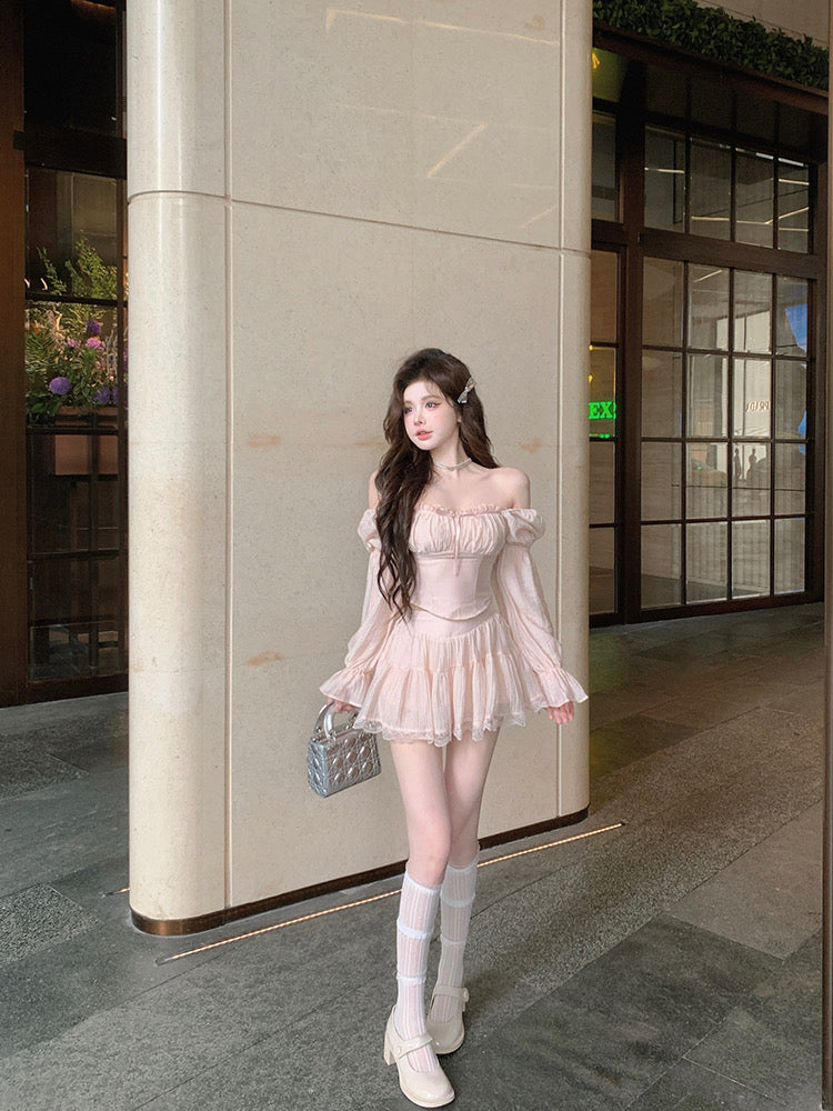 Pink Long Sleeve Top + Skirt Two Pieces Set