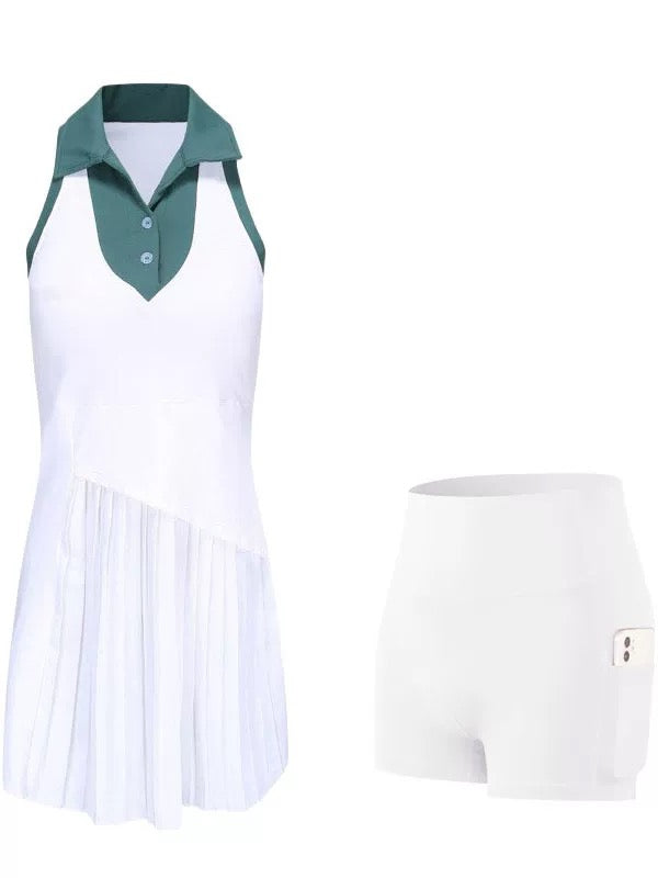 Sleeveless Collar Golf/Tennis Sport Dress + Shorts Set (White, Navy)