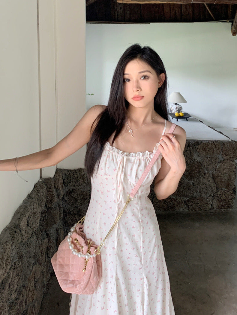 Pink Flower White Strap Long Dress (M)