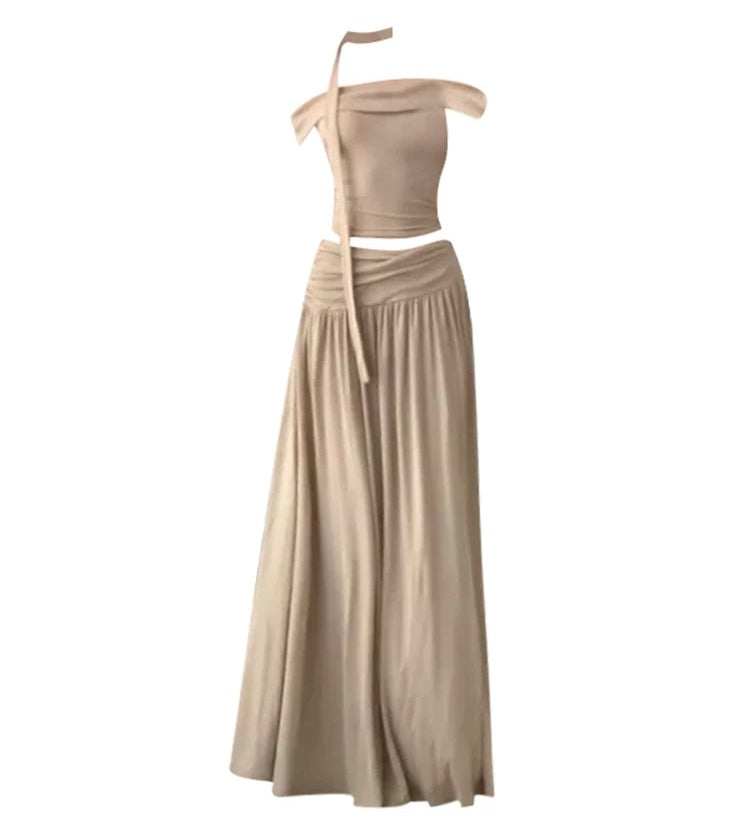 Milk Tea Off Shoulder Top + Long Skirt + Strap Three Pieces Set