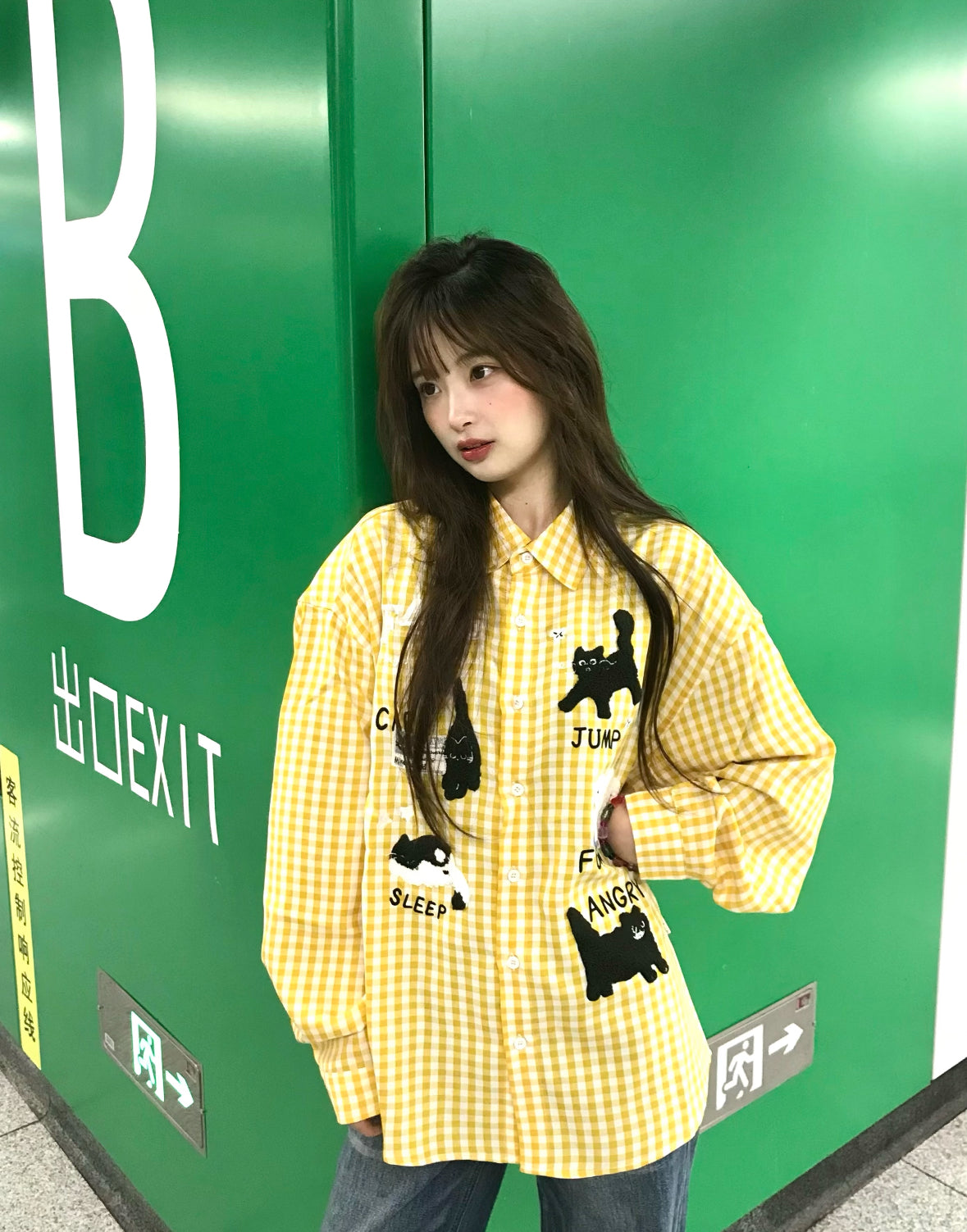 Cute Print Ginham Long Sleeve Shirt (Blue, Yellow)