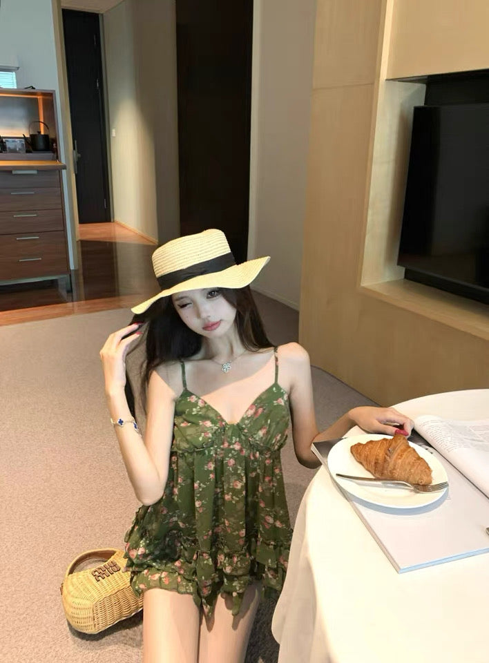 Green V Collar Chiffon Strap Floral Top