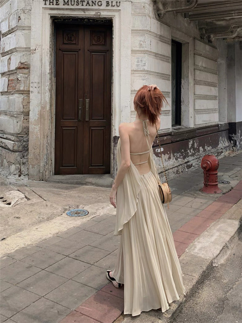 Khaki Chiffon Pleated Two Piece Set