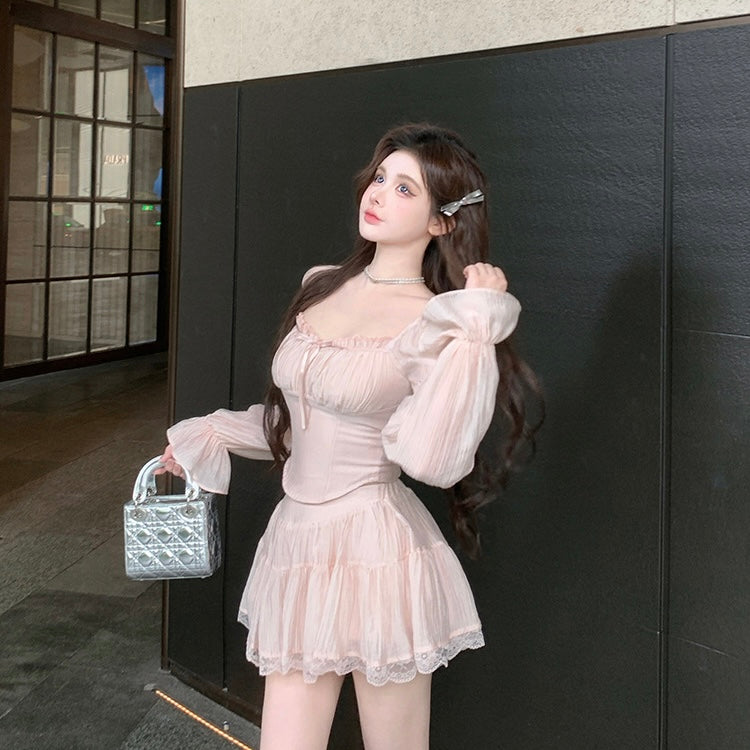 Pink Long Sleeve Top + Skirt Two Pieces Set