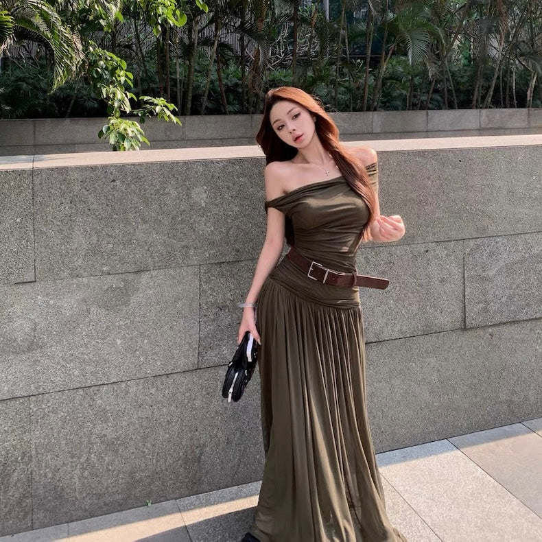 Off Shoulder Mesh Long Dress With Belt