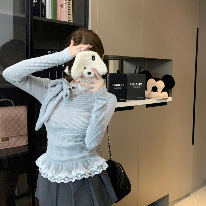 Tie Up Collar Grey Long Sleeve Top