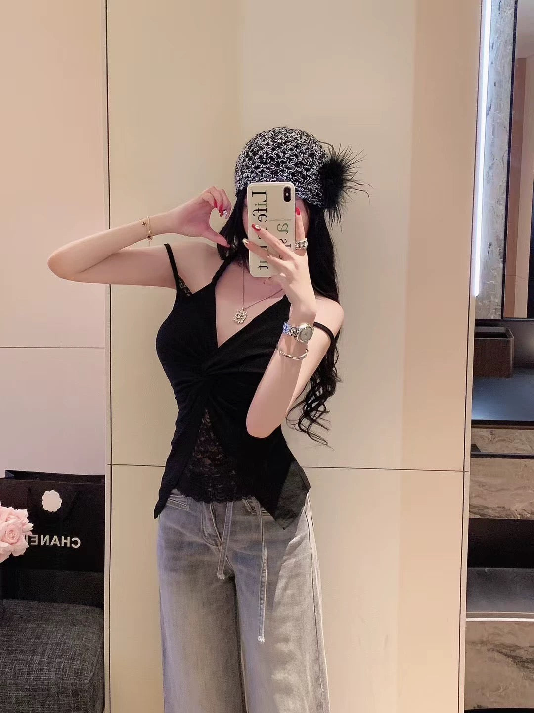 Mix Lace Round Collar Singlet Top