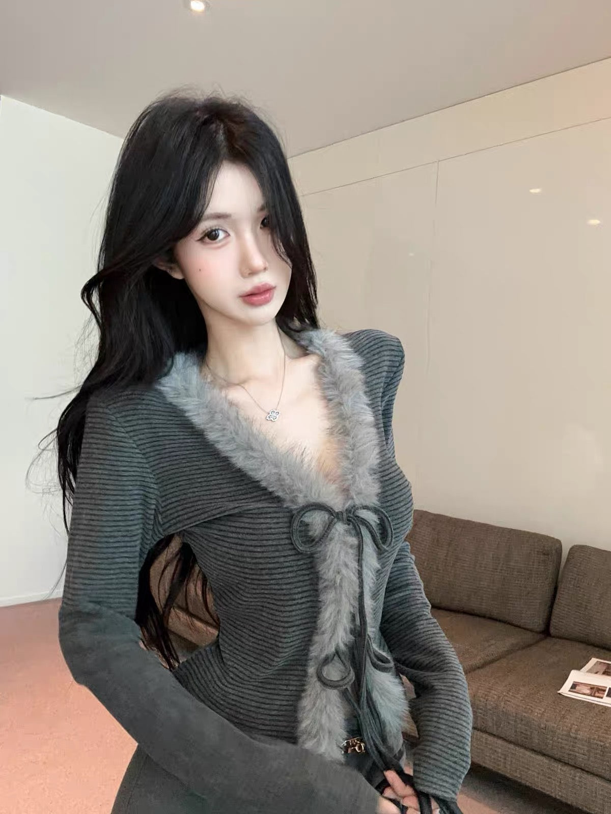 Little Fur Stripe Long Sleeve Top