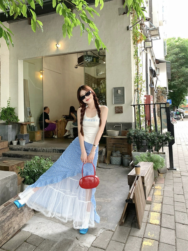Lora Side Cut Mix Mesh Blue Long Skirt (M)