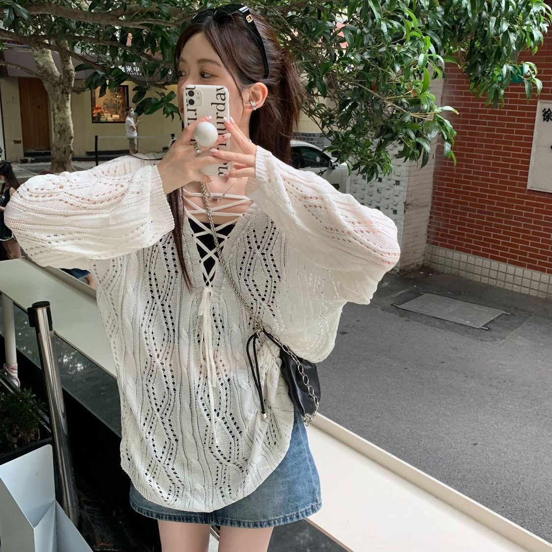 V Collar White Long Sleeve Knitted Top Outerwear