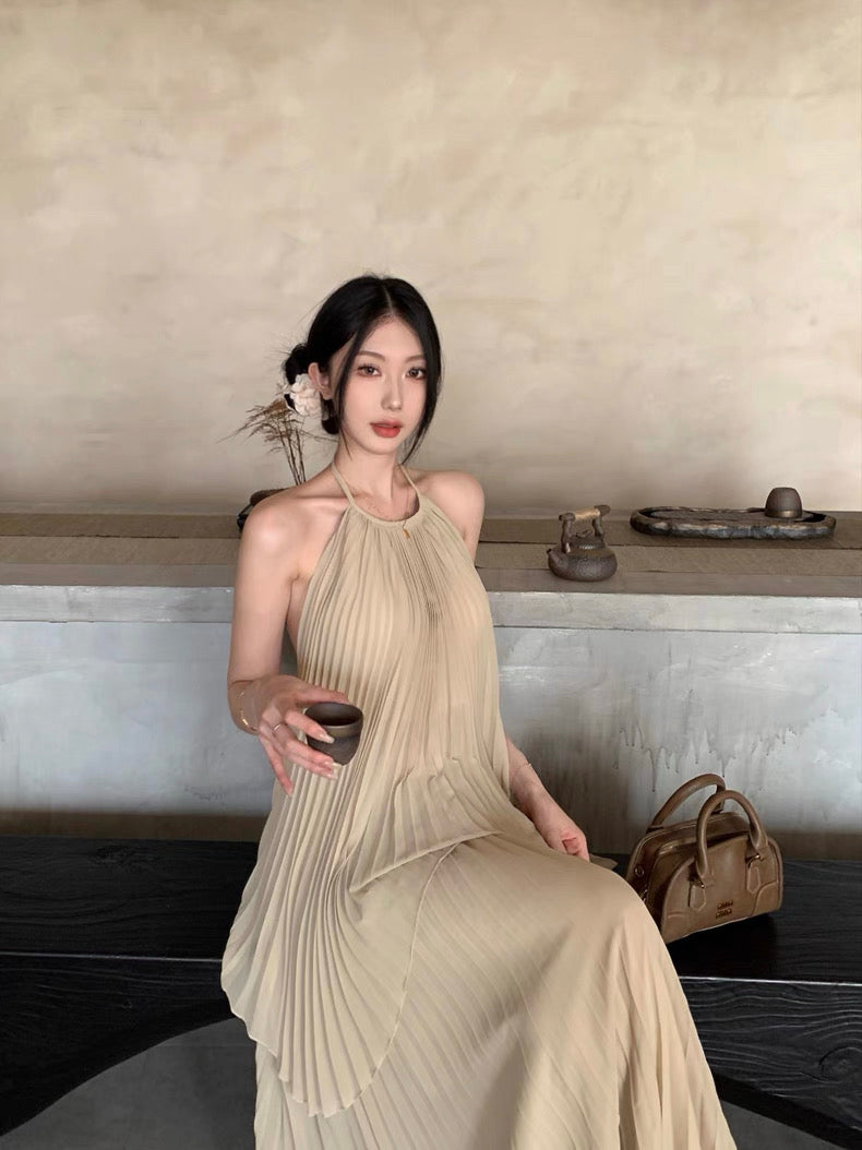 Khaki Chiffon Pleated Two Piece Set