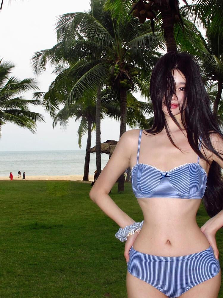 Blue Stripe Bikini + Shorts Two Pieces Set