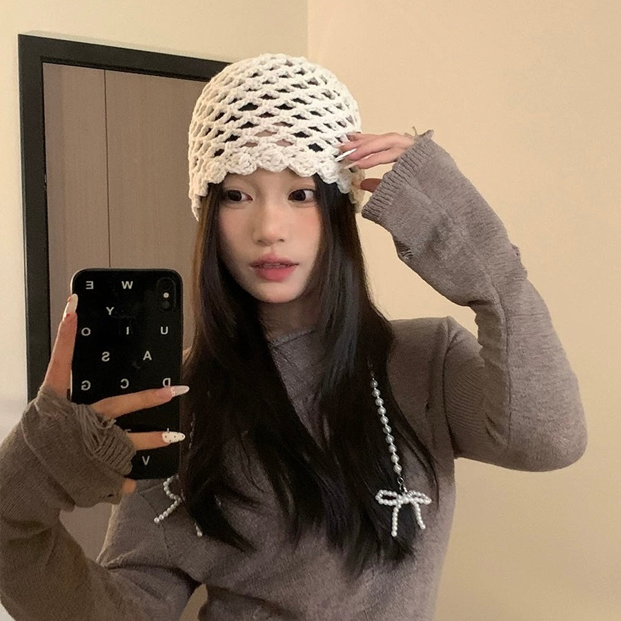 H15 Pearl Ribbon Knitted Embroidery Hat (Red)