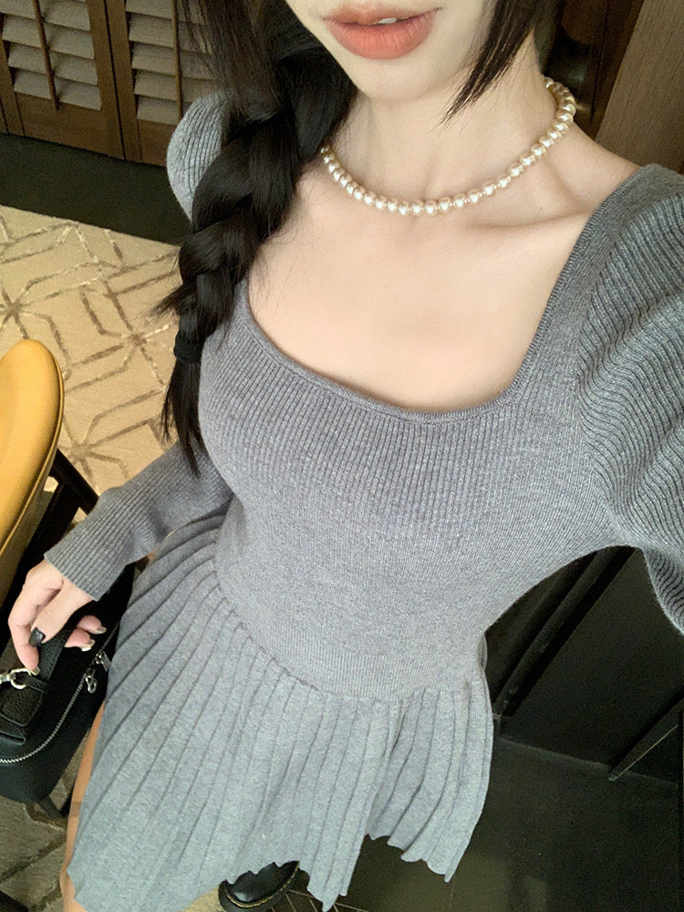 Knitted Long Sleeve Pleated Dress