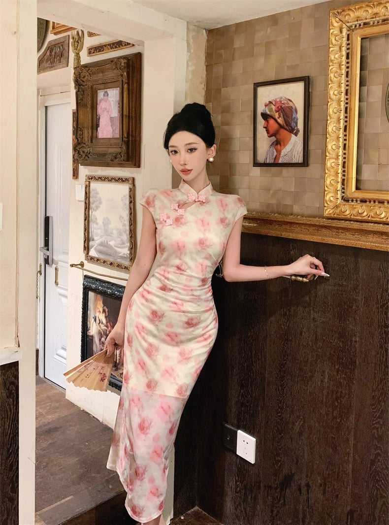 Pink Rose Beige Cheongsam CD020 Long Dress (S)