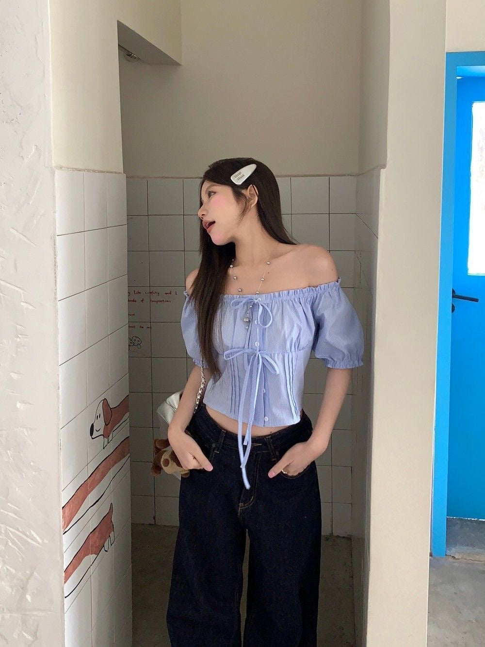 Puff Sleeve Stripe Blue Top
