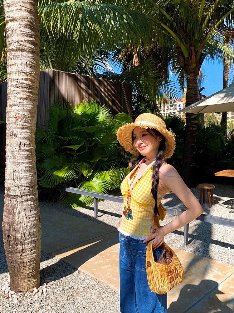 Round Lace V Collar Ginham Top With Pad 胸垫 (Yellow, Red)