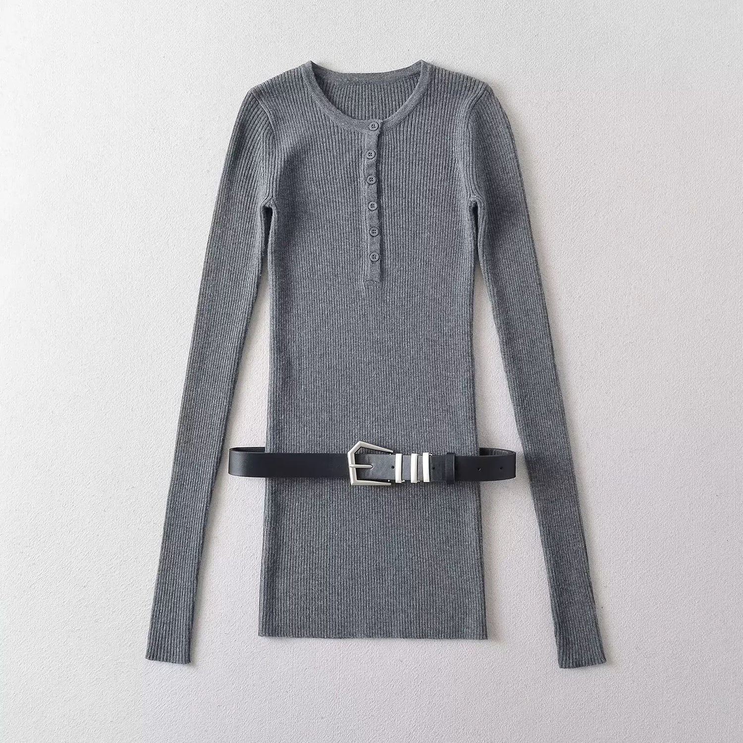 Grey Slim Fit Top + Shorts Two Piece Set with belt