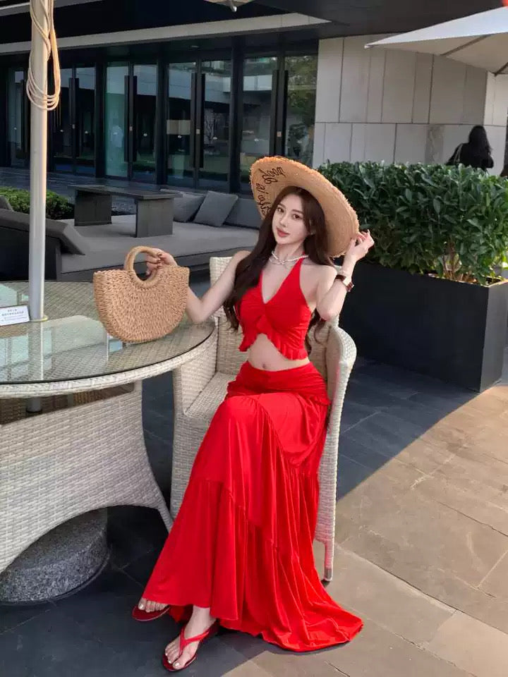 V Collar Top + Long Skirt Two Pieces Set