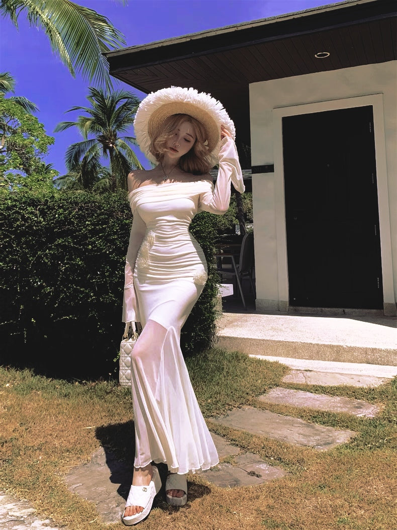 Beige Off Shoulder Mesh Dress
