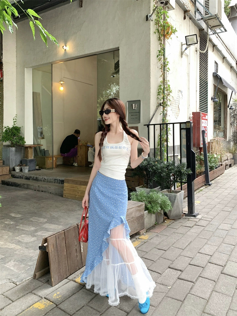 Lora Side Cut Mix Mesh Blue Long Skirt (M)