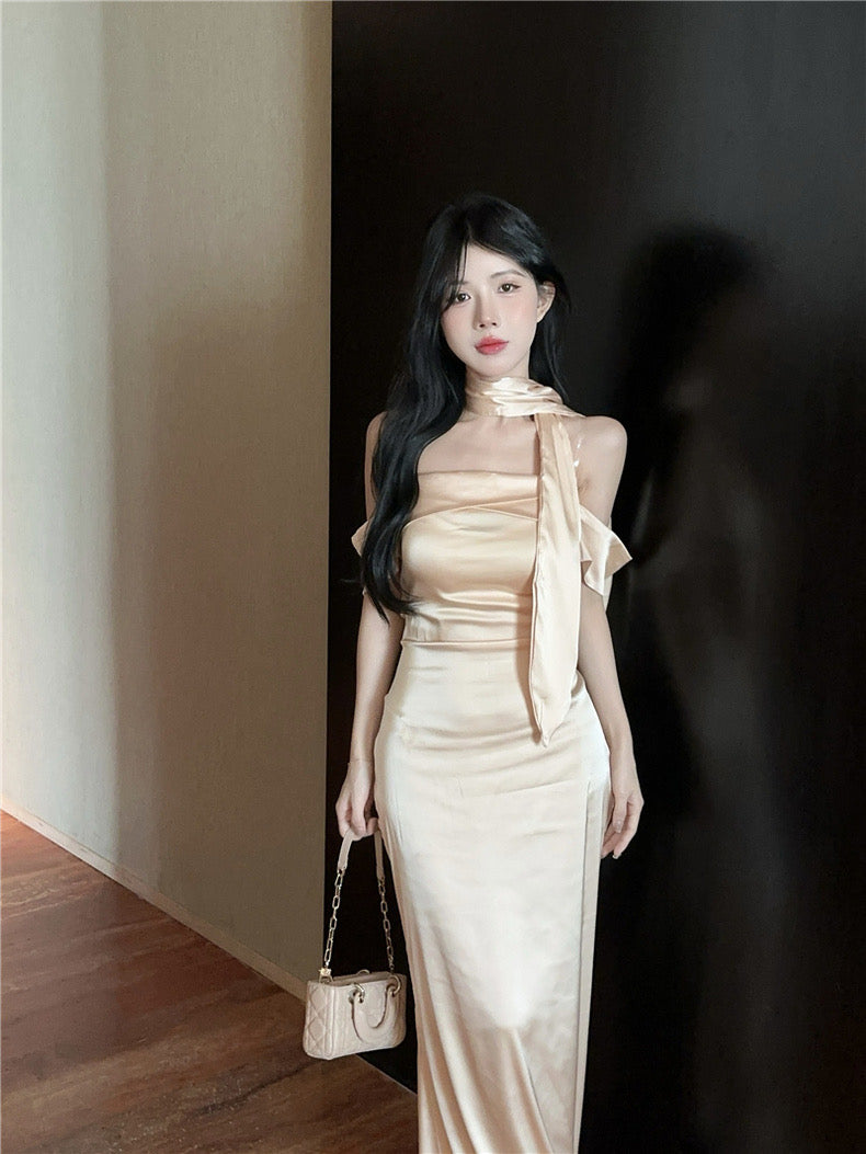 Silky Champagne Tube Long Dress (S, M)