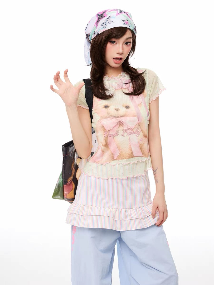 Teddy Pink Ribbon Mesh Top