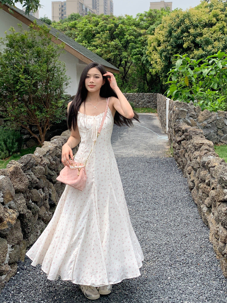 Pink Flower White Strap Long Dress (M)
