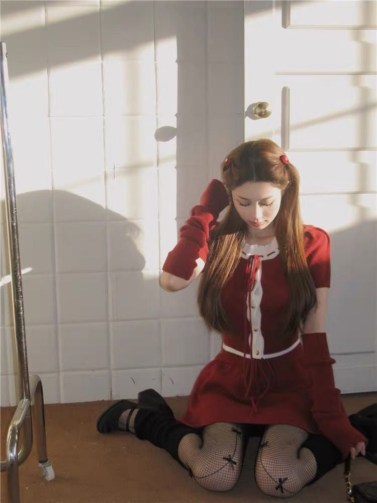 Red Knitted Crop Top + Skirt + Glove Three Piece Set