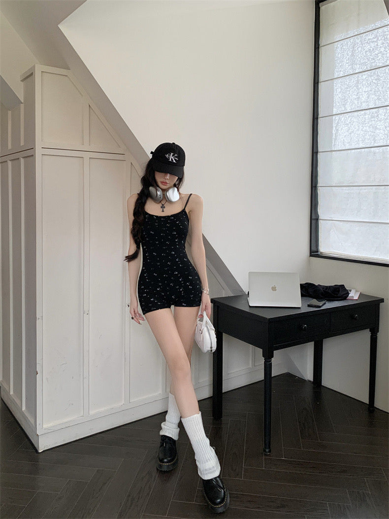 Mini Floral Black Strap Romper (S)