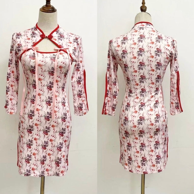Red Rose Cheongsam Long Sleeve Short Dress (S)