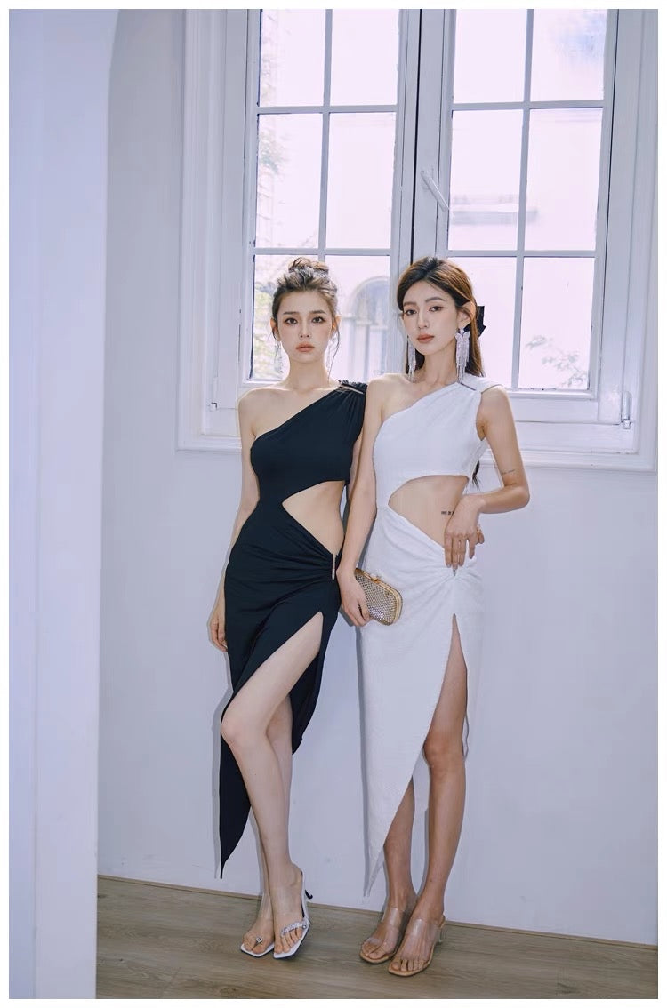 Summer Thin Side Waist Cut Long Dress (Black - S)