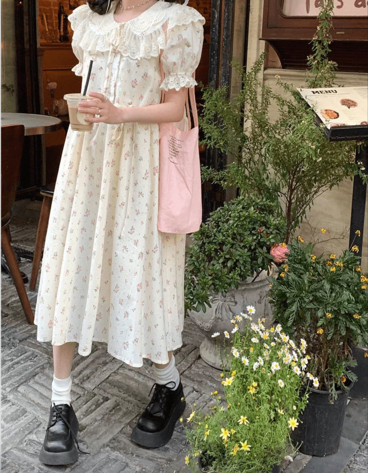 Mini Floral Beige Wide Long Dress