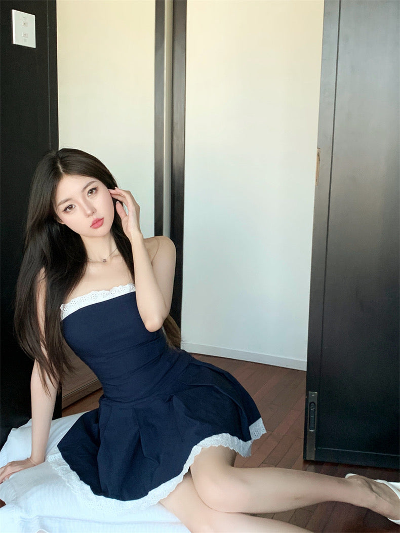 Lace Line Navy Tube Dress