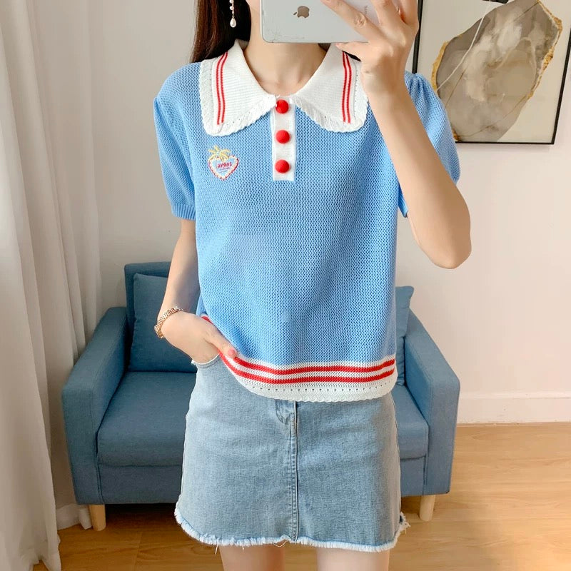 Blue Thin Knitted Short Sleeve Top
