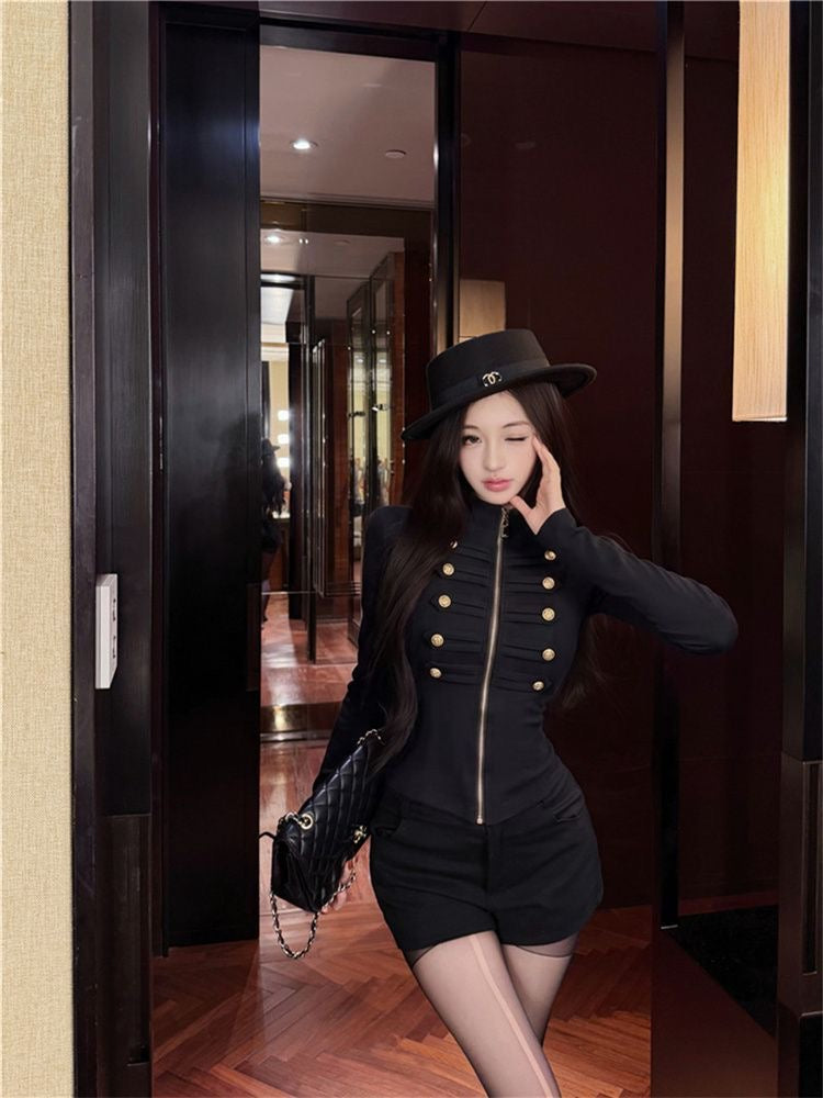 Button Long Sleeve Slim Fit Jacket (Black, Khaki)