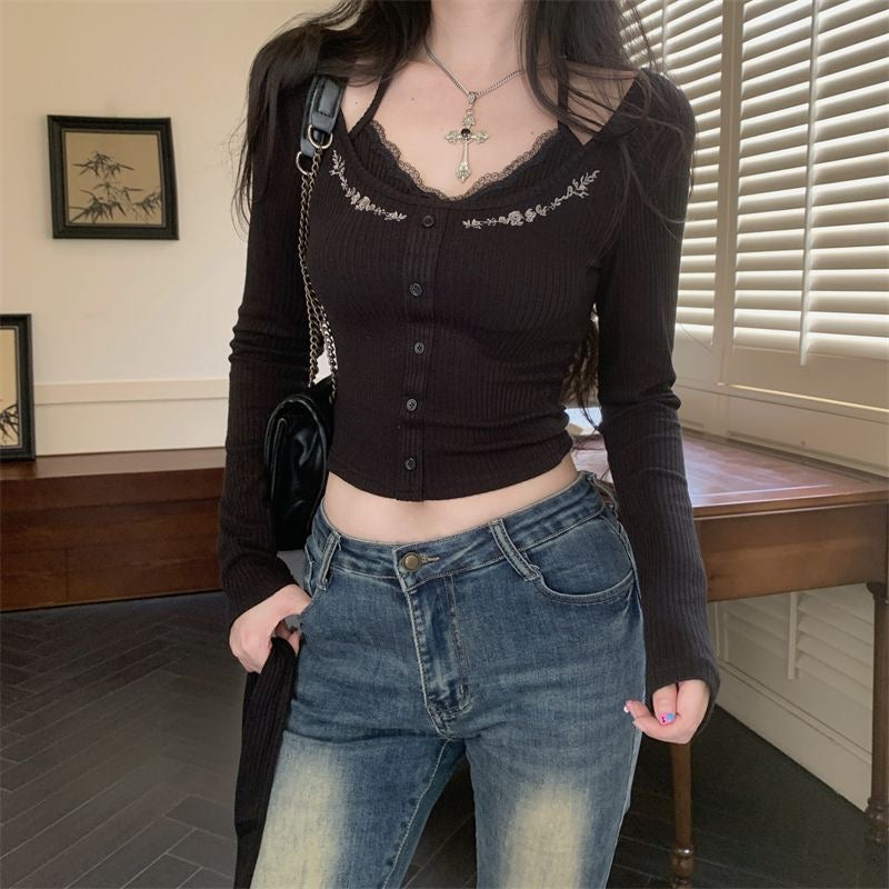 Knitted Long Sleeve Top with strap (Black, Red)