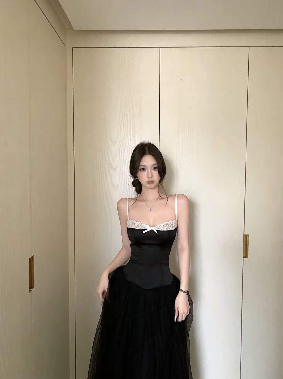 Mix White Laces Black Mesh Maxi Dress (S, M)