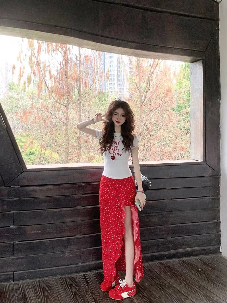 Lora Red Side Cut Long Skirt