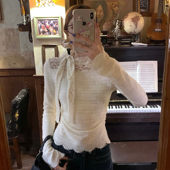 Ribbon Collar Wavy Bottom Long Sleeve Top (L/XL)