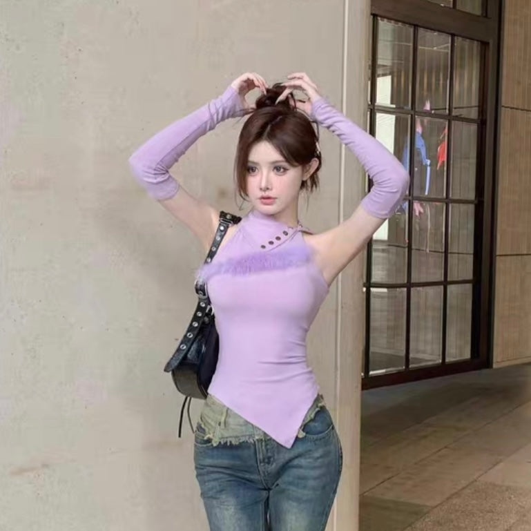 Halter Fur Sleeveless Top With Sleeve (White , Black)