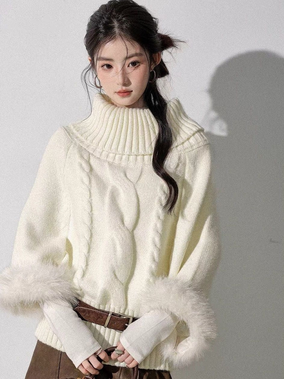 Fur Sleeve Multi Wear Collar Knitted Top (Cream, Brown)