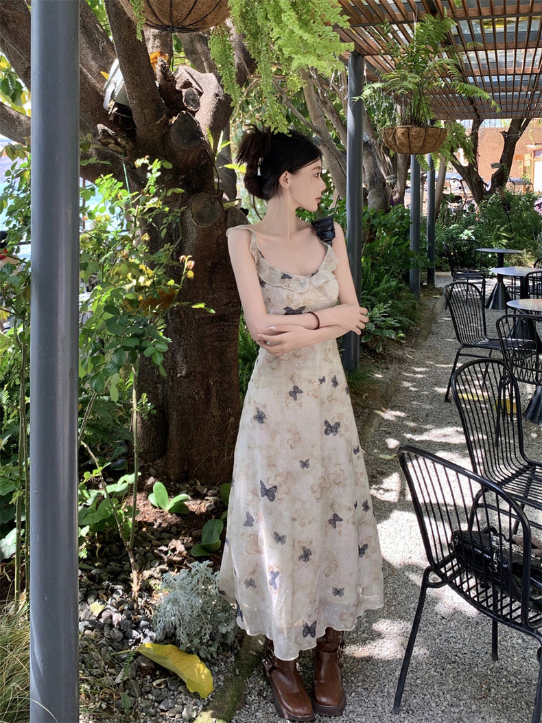 Ruffles Strap Butteflies Chiffon Dress (S, M)