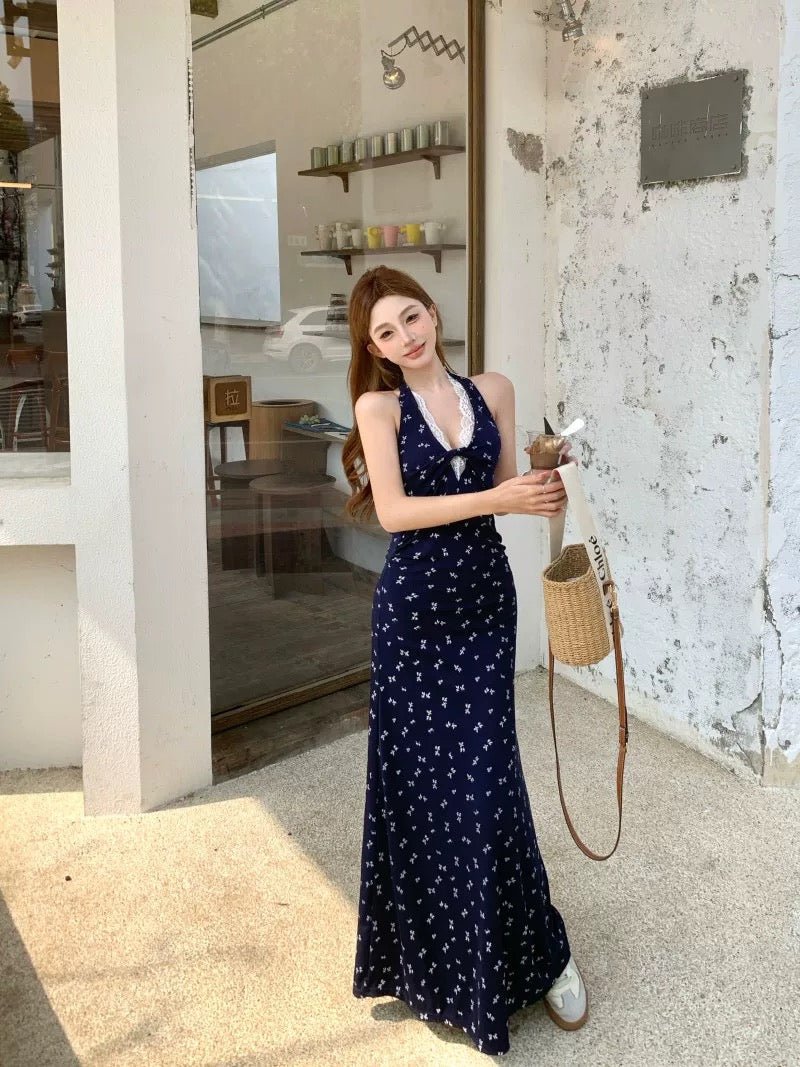 Round Collar Navy Long Dress (S)