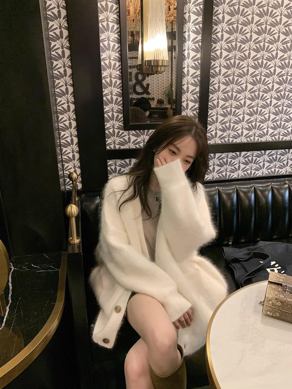 Khaki/ White Fuzzy Cardigan