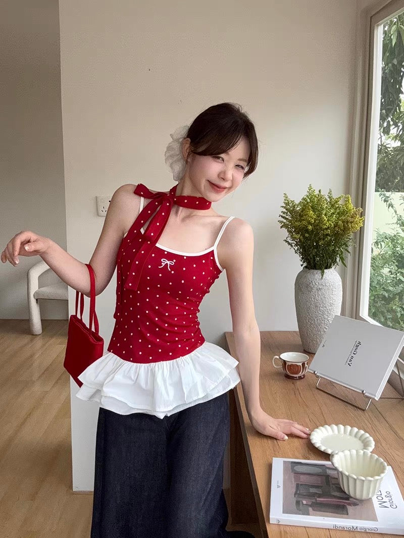 Mini Polka Dot White Layered Bottom Top With Strap