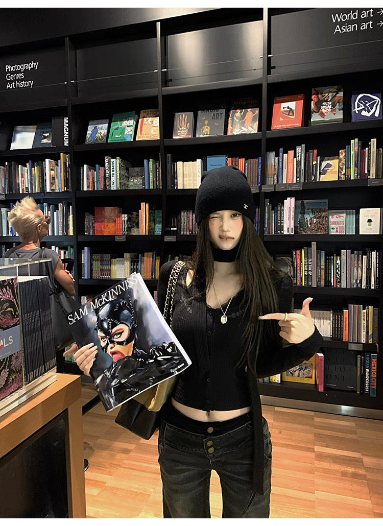 Knitted Long Sleeve Top with strap (Black, Red)